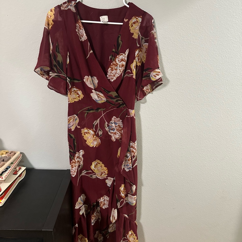 a new day Burgundy Floral Midi Dress